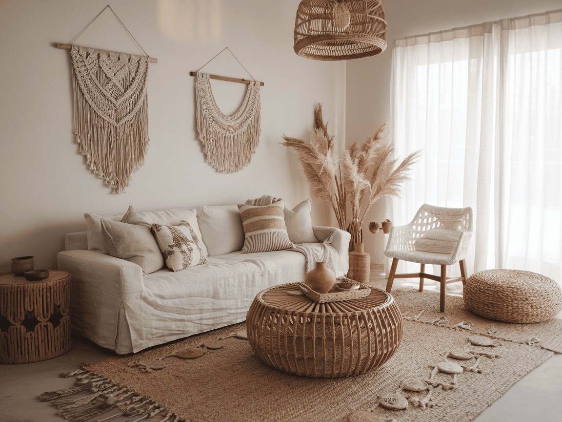 A cozy living room with a white sofa, woven decor, and neutral tones exudes boho decor. Macramé hangings adorn the wall, complemented by wicker furniture and pampas grass. Natural light streams in through curtains, offering inspiring living room ideas for a serene retreat.