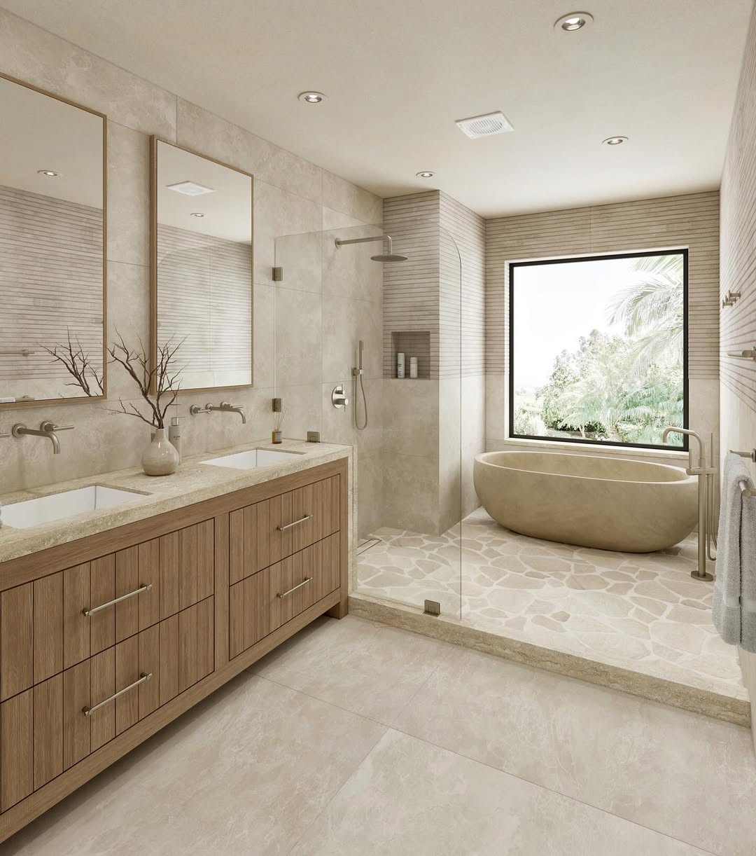 Modern bathroom design featuring a double sink vanity, large mirrors, walk-in glass shower, and a freestanding bathtub—perfect for exploring the latest bathtub styles and inspiring your own bathroom tub ideas.