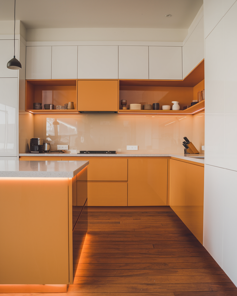 Modern orange kitchen with white cabinets, under-cabinet lighting, wood flooring, and various small appliances and utensils displayed on countertops and shelves.