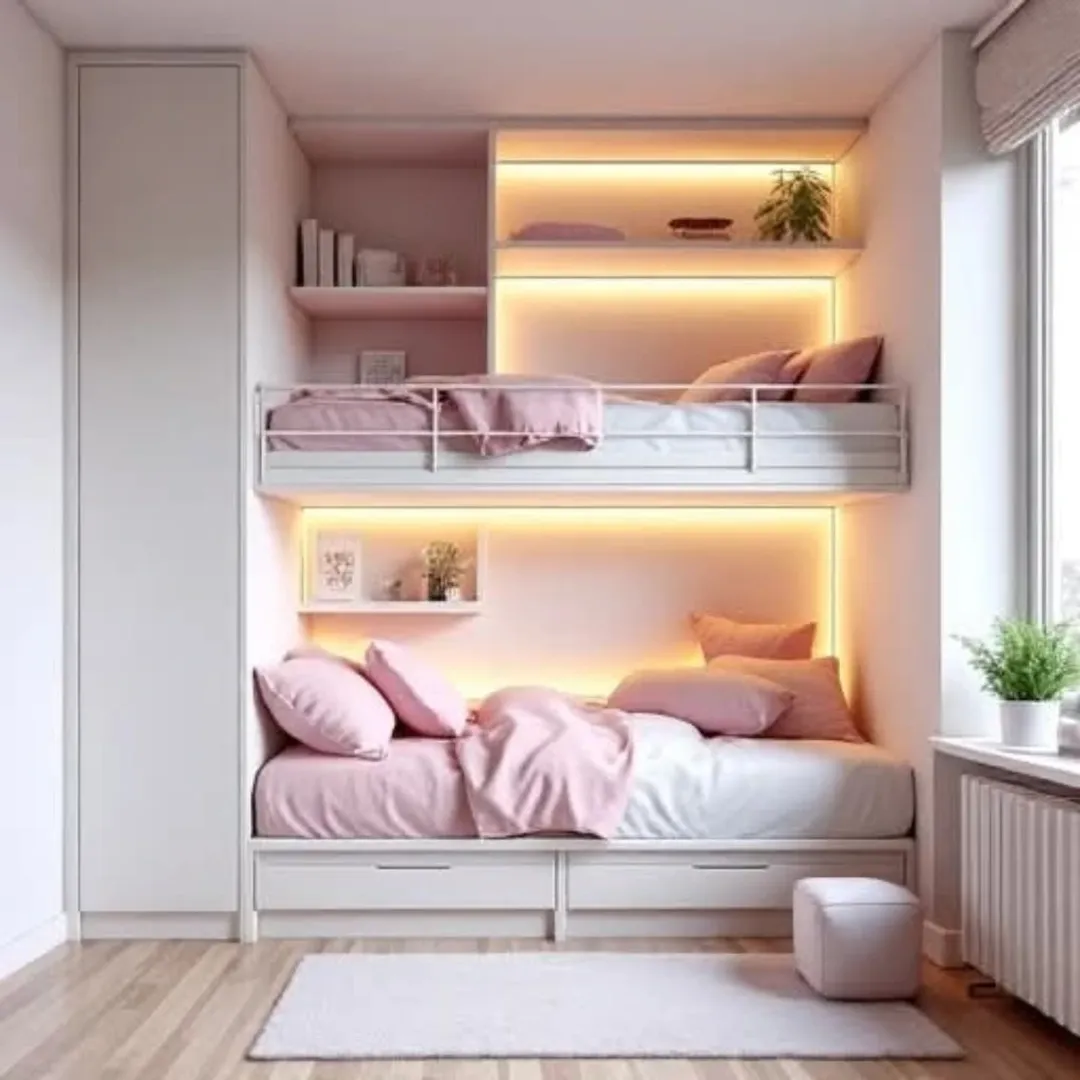 A modern kids dream room featuring white bunk beds, pink bedding, built-in shelves, warm LED lighting, and a window with potted plants—perfect inspiration for stylish moms seeking chic bunk bed ideas.