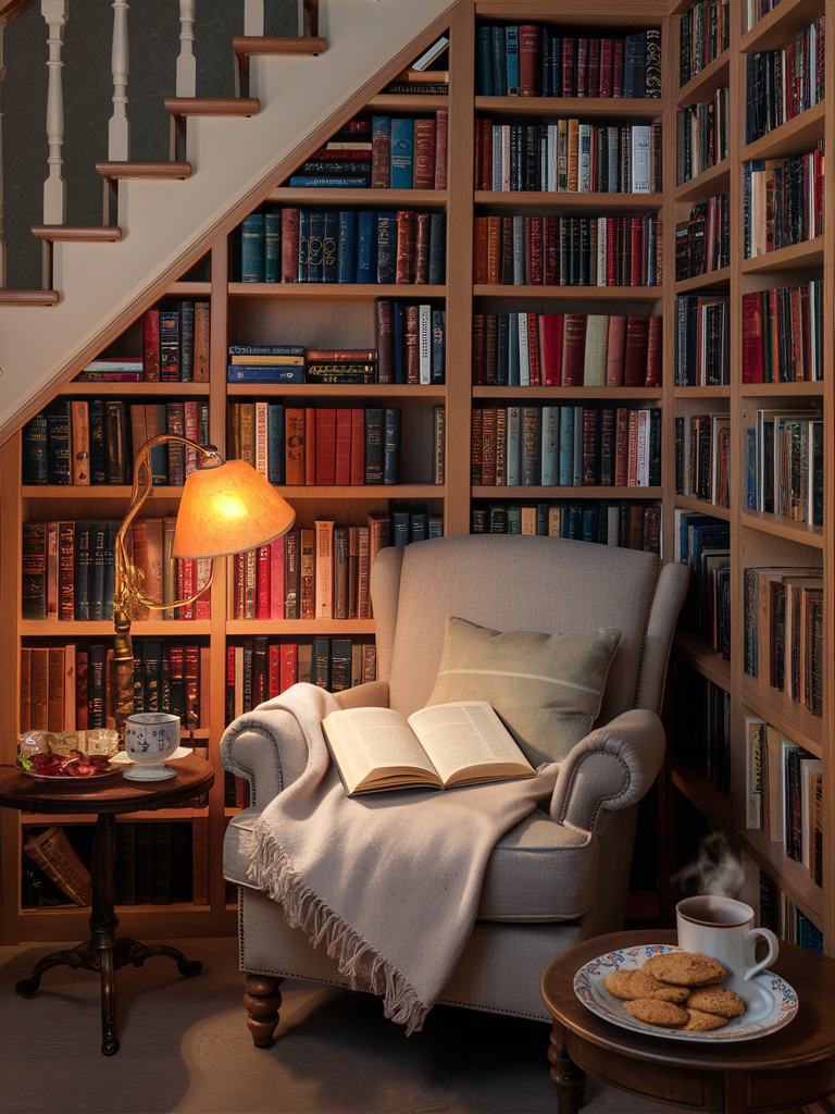 Cozy reading nook neatly tucked in an under-the-stairs closet with a plush chair, soft blanket, open book, and a warm lamp. Books fill the shelves for perfect home organization. A small table holds tea and snacks, creating an inviting escape.