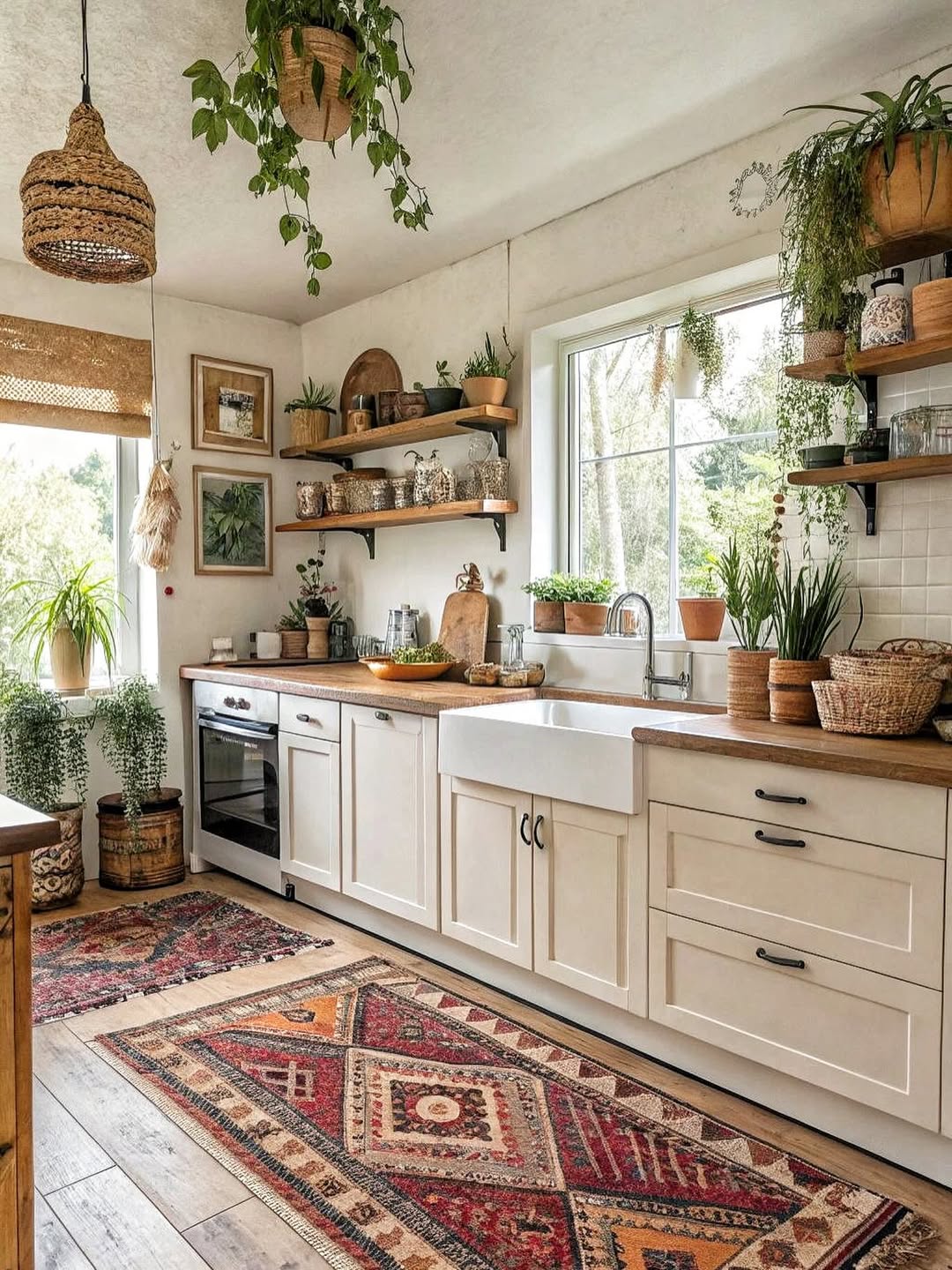 Bright modern kitchen with white cabinets, a farmhouse sink, wooden shelves, potted plants, woven baskets, and a colorful patterned rug on a rustic wood floor—perfect inspiration for open kitchen ideas.