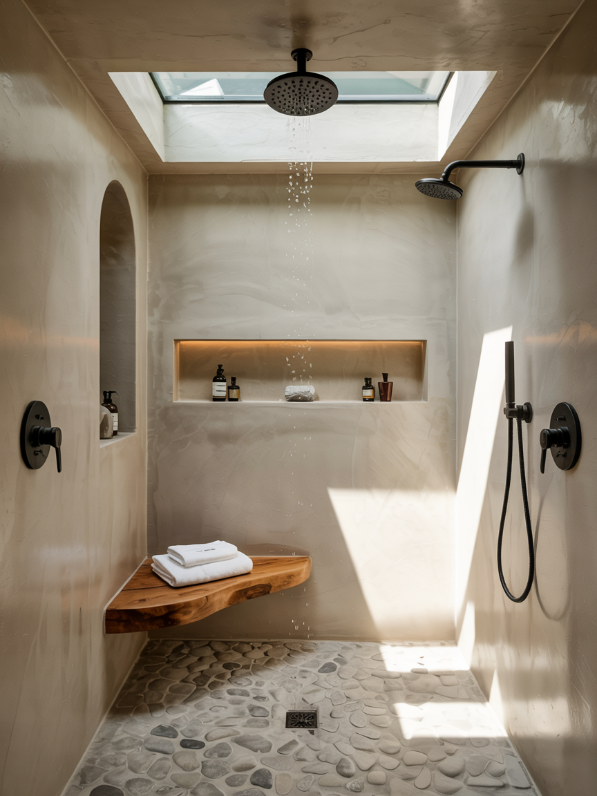 Modern walk-in shower with skylight, rainfall and wall-mounted showerheads, built-in shelf for toiletries, wood bench, and pebble stone floor. A no door shower concept—perfect walk-in shower ideas for a small bathroom. Folded towels rest on the bench.