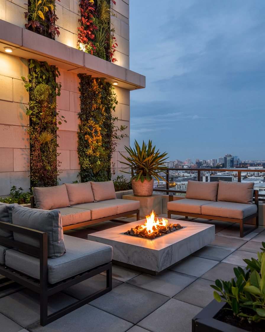 A modern rooftop patio with stylish patio decoration features cushioned seating around a square fire pit, vertical garden walls, and a breathtaking city skyline view at dusk.