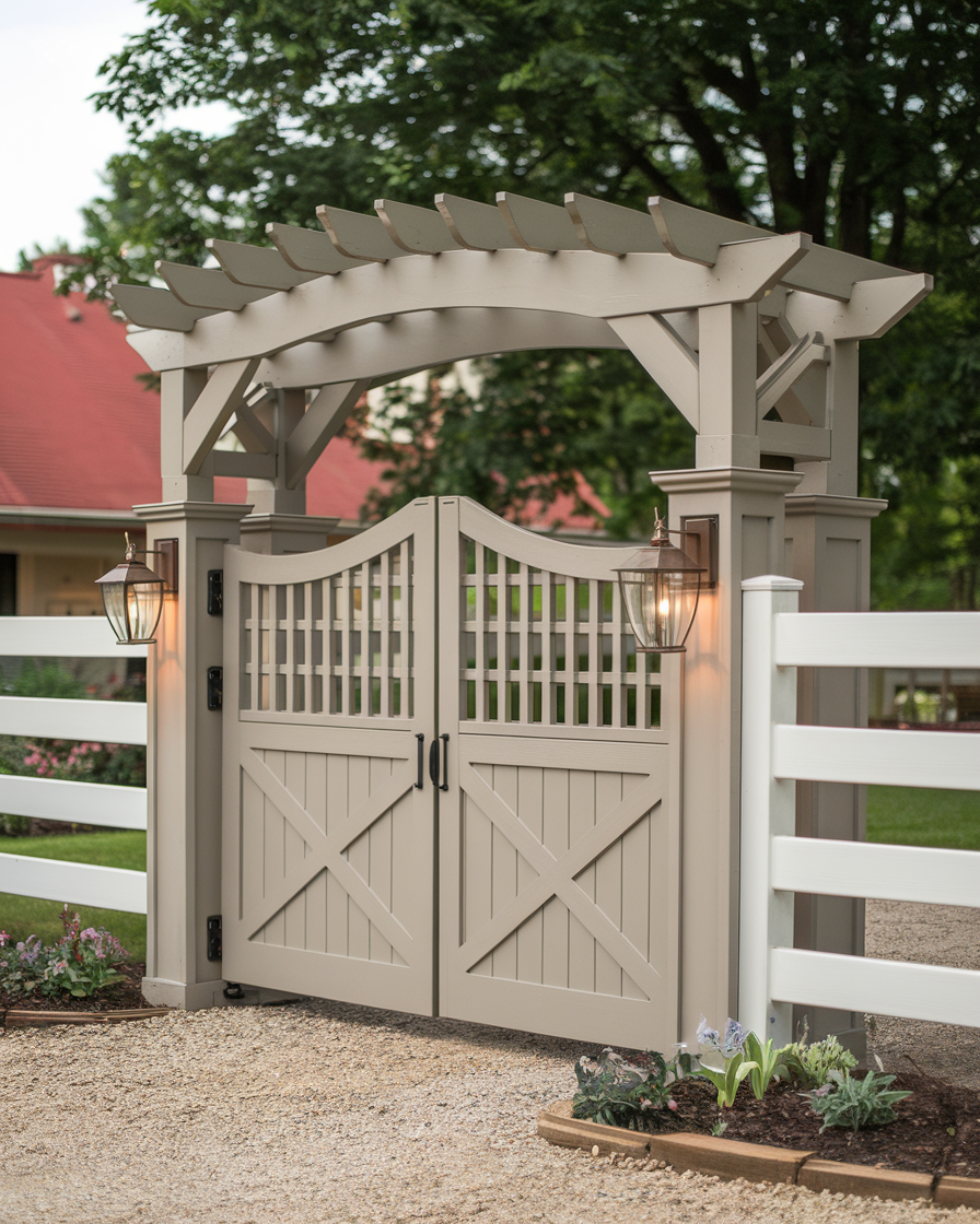 A beige wooden farmhouse gate with decorative lattice and pergola, flanked by lanterns, set in a white fence with a gravel path and small flower bed in front.