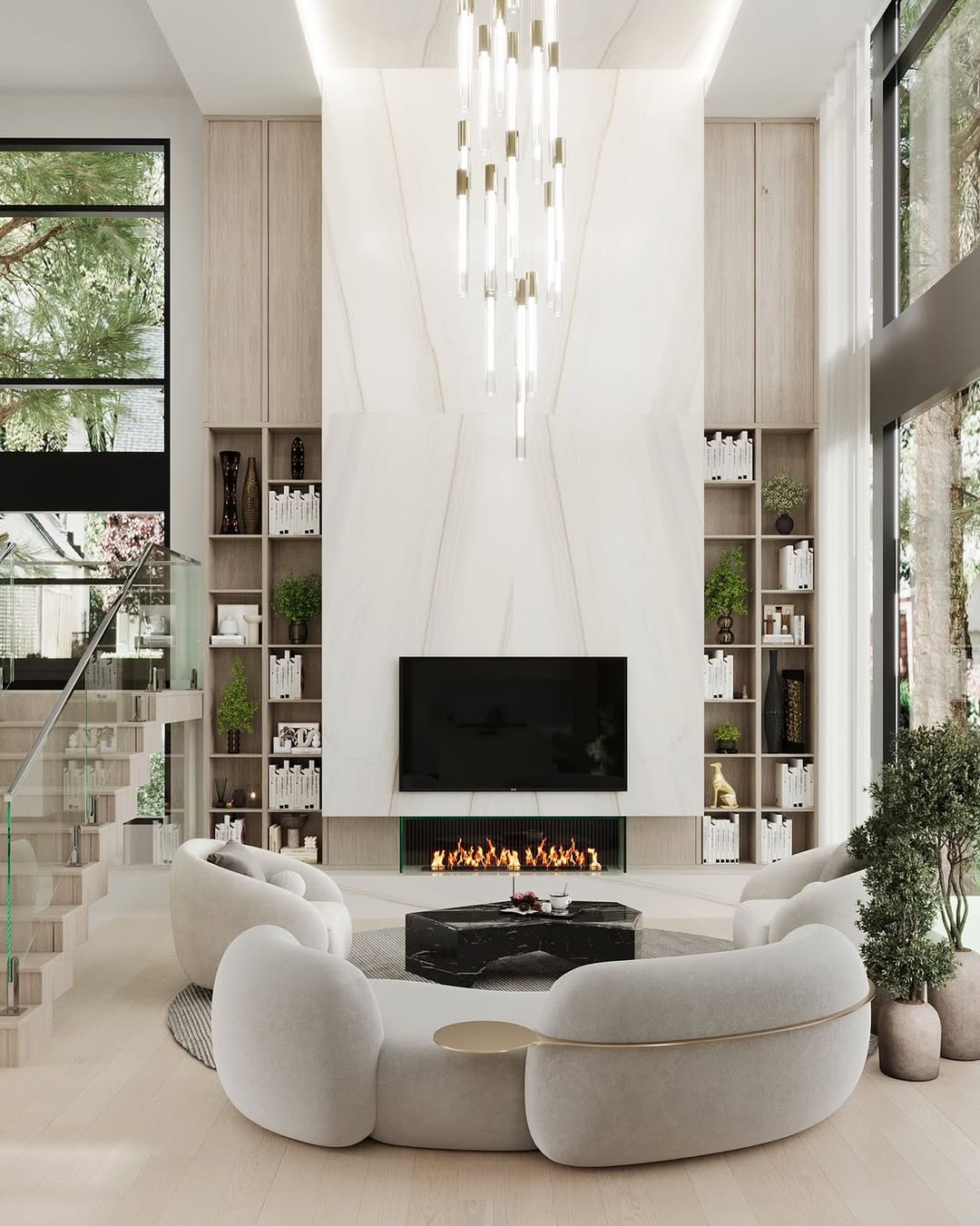 Modern living room with a large white marble fireplace, wall-mounted TV, round sectional sofa, and tall windows letting in natural light—perfect inspiration if you’re seeking high ceiling living room ideas.
