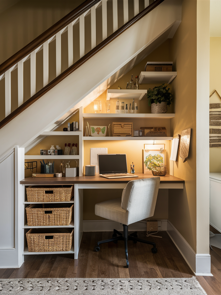 A small workspace under a staircase offers clever storage solutions with a desk, chair, shelves, computer, and wicker baskets, lit by a lamp. Decorative items and plants adorn the shelves, while light brown walls create a warm ambiance in this under-the-stairs closet.