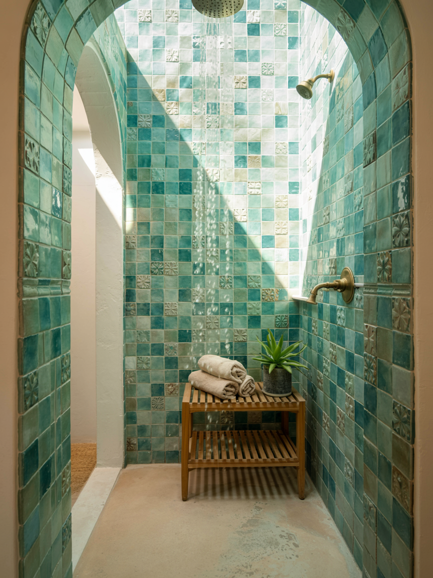 A no door shower with turquoise square tiles, brass fixtures, and a wooden bench holding rolled towels and a small potted plant, all illuminated by natural light—perfect inspiration for small bathrooms.