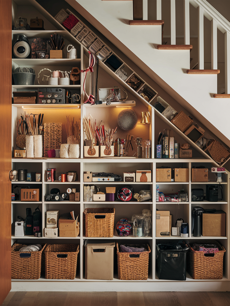 Shelves under a staircase, expertly utilizing space, showcase home organization with neatly arranged baskets, boxes, books, and craft supplies.