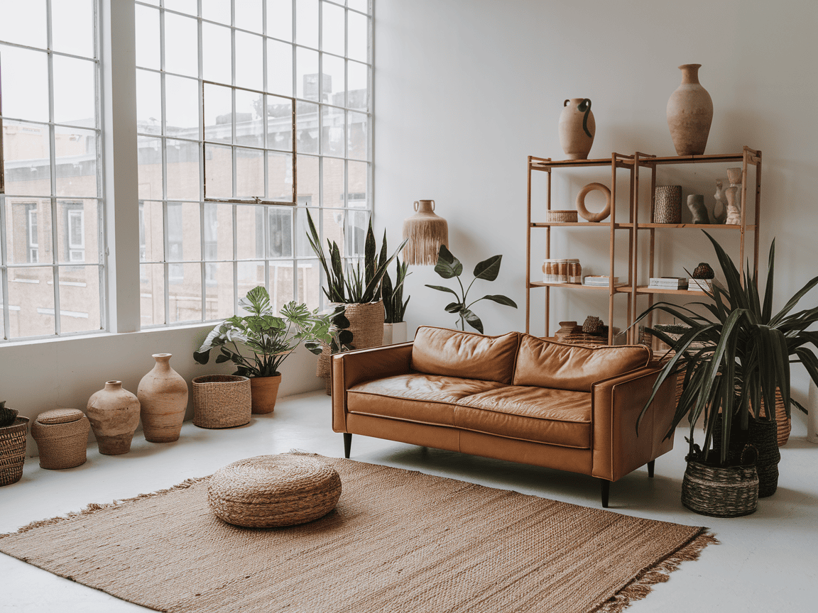 A minimalist living room embraces Boho charm with a brown leather sofa, woven rug, and large plants. Decorative pots and a shelving unit with vases adorn the white wall. Large windows on the left flood this bohemian oasis with natural light, sparking endless ideas for relaxation.