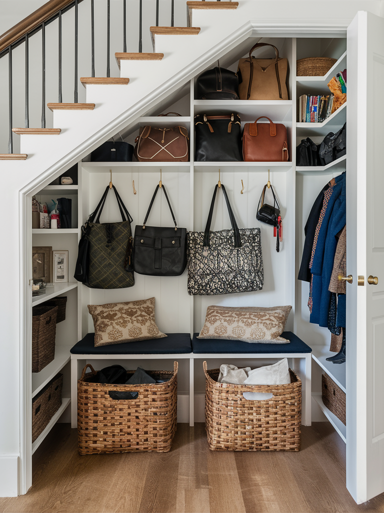Under the stairs, discover a clever closet idea with shelves for bags, hooks for handbags, baskets below, and a row of coats on the right.