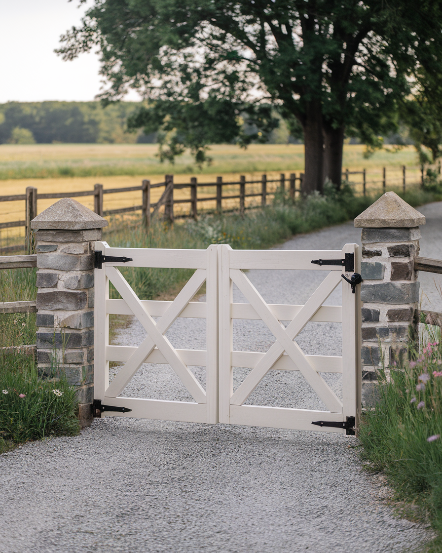 A white wooden farmhouse gate with a crisscross design stands between stone pillars at the entrance of a gravel driveway, with grass, a fence, and trees in the background.