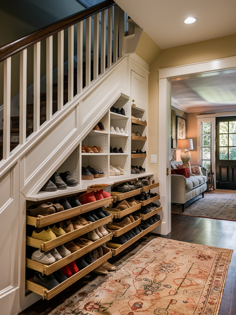 A tidy under stairs storage area with pull-out racks and shelves is built under a staircase. A patterned rug graces the wooden floor, and an adjacent room with a sofa and lamp is partially visible, showcasing smart closet ideas.