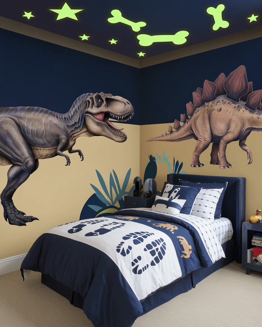 A dinosaur bedroom comes to life with glow-in-the-dark stars and bones adorning the ceiling, while dinosaur wall art and themed bedding complete the prehistoric adventure.