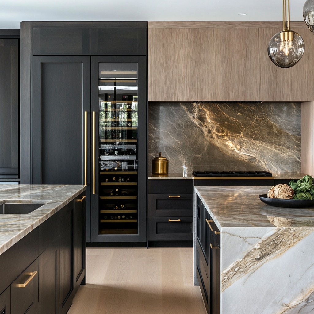 Modern kitchen with dark cabinets, gold hardware, built-in wine fridge, marble countertops, and marble backsplash. Decorative lighting and fresh vegetables on the island inspire modern kitchen ideas.