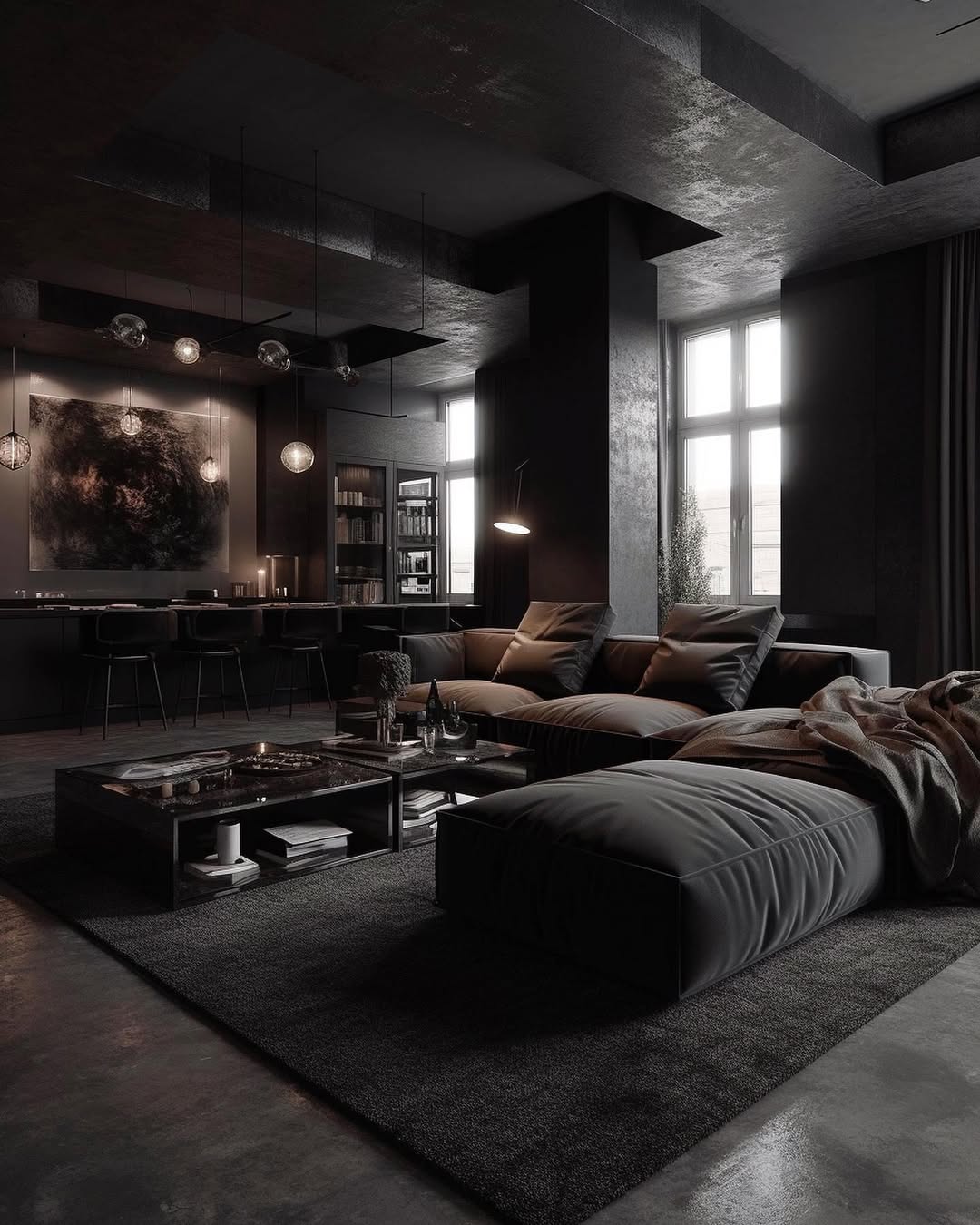 Modern black living room with dark decor, large sectional sofa, coffee table, and floor-to-ceiling windows providing natural light. Minimalist design features contemporary furniture and sleek lighting.