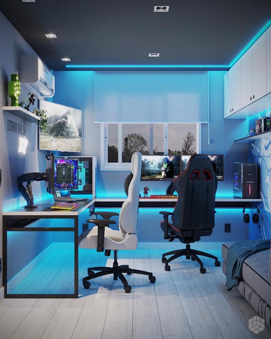 Modern dual Gaming Room Setup with LED lighting, two gaming chairs, multiple monitors, wall shelves, and a large window in a tidy room with light wood flooring—perfect for 2025 Gaming Room Ideas.