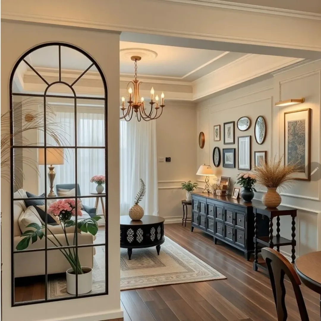 A modern living room with elegant decor, featuring a cream sofa, framed wall art, a black sideboard, chandelier, indoor plants, and large windows with sheer white curtains—perfect inspiration for stylish living room ideas.