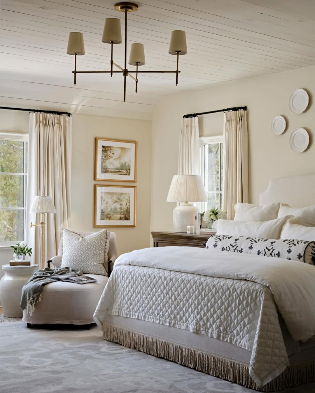 A neutral-toned bedroom with a neatly made bed, armchair, two windows with curtains, framed art, and table lamps on bedside tables. A chandelier hangs from the ceiling, offering bedroom interior ideas for elegant bedroom decor.