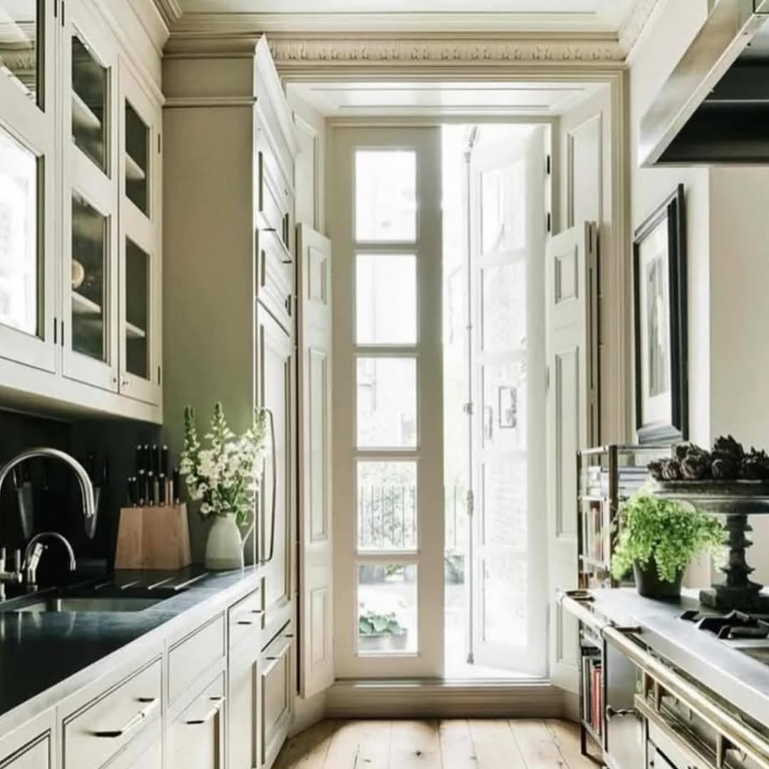 A bright galley kitchen with white cabinets, black countertops, wood flooring, open glass doors, and plants on the counter offers inspiring small kitchen design ideas near natural light.