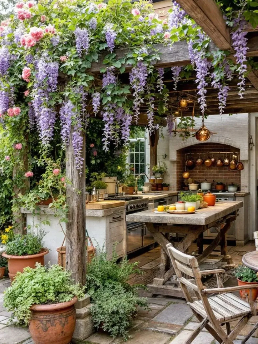 Rustic outdoor kitchen with a wooden pergola covered in blooming wisteria and roses, a rustic table, potted plants, chairs, and kitchenware on stone flooring—perfect inspiration for outdoor kitchen ideas.