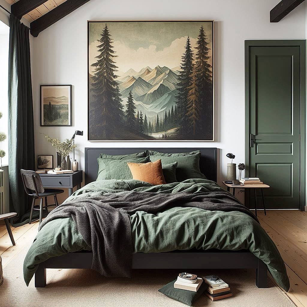 A boys bedroom idea featuring a green bedspread, an orange pillow, a large landscape painting above the bed, and green accents on the door and decor—plus smart storage to keep the space tidy.
