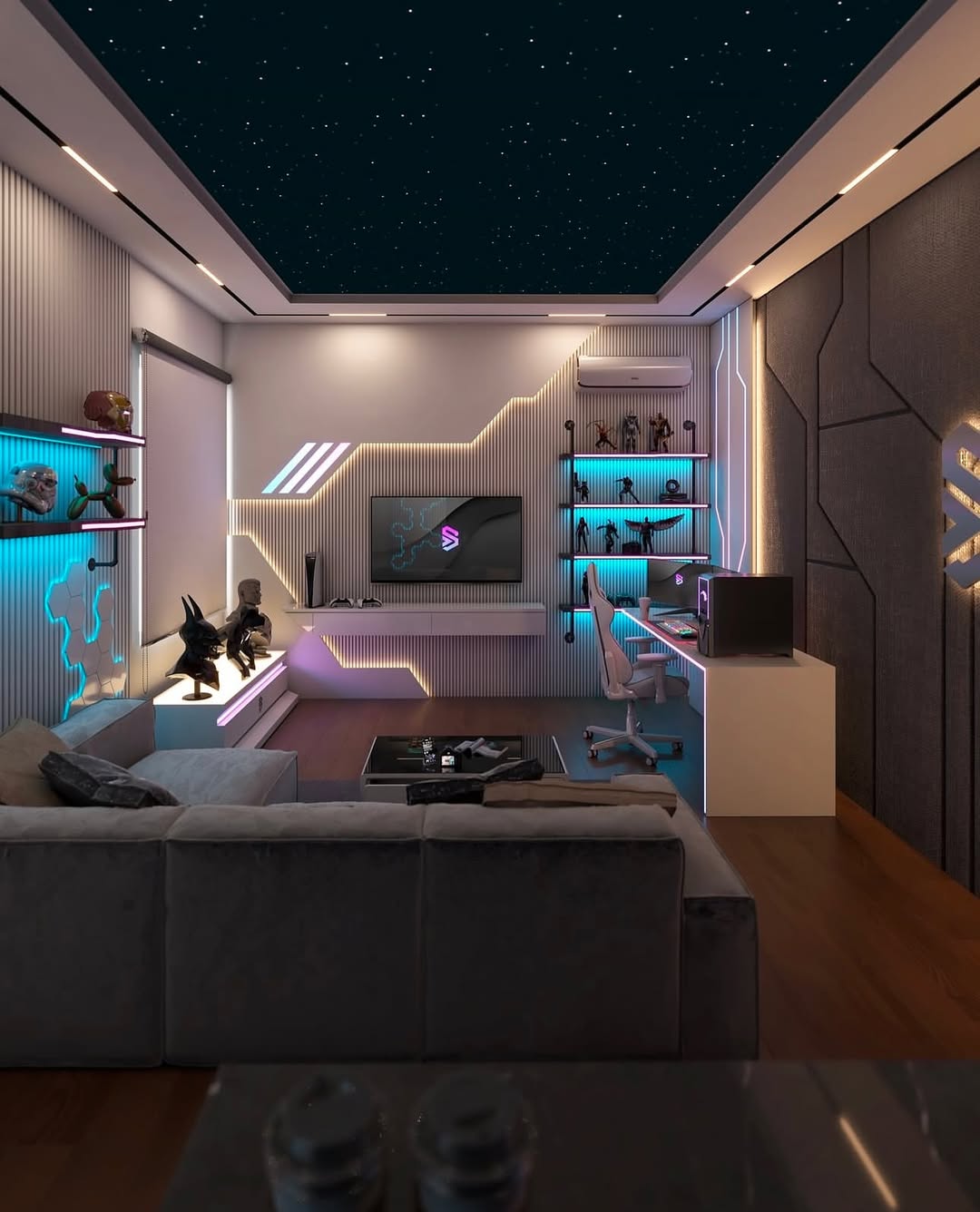 A modern gaming room with blue LED lights, wall-mounted shelves holding figurines, a large TV, and a sleek gaming desk setup—perfect inspiration for 2025 Gaming Room Ideas. The ceiling features a stunning starry night design.