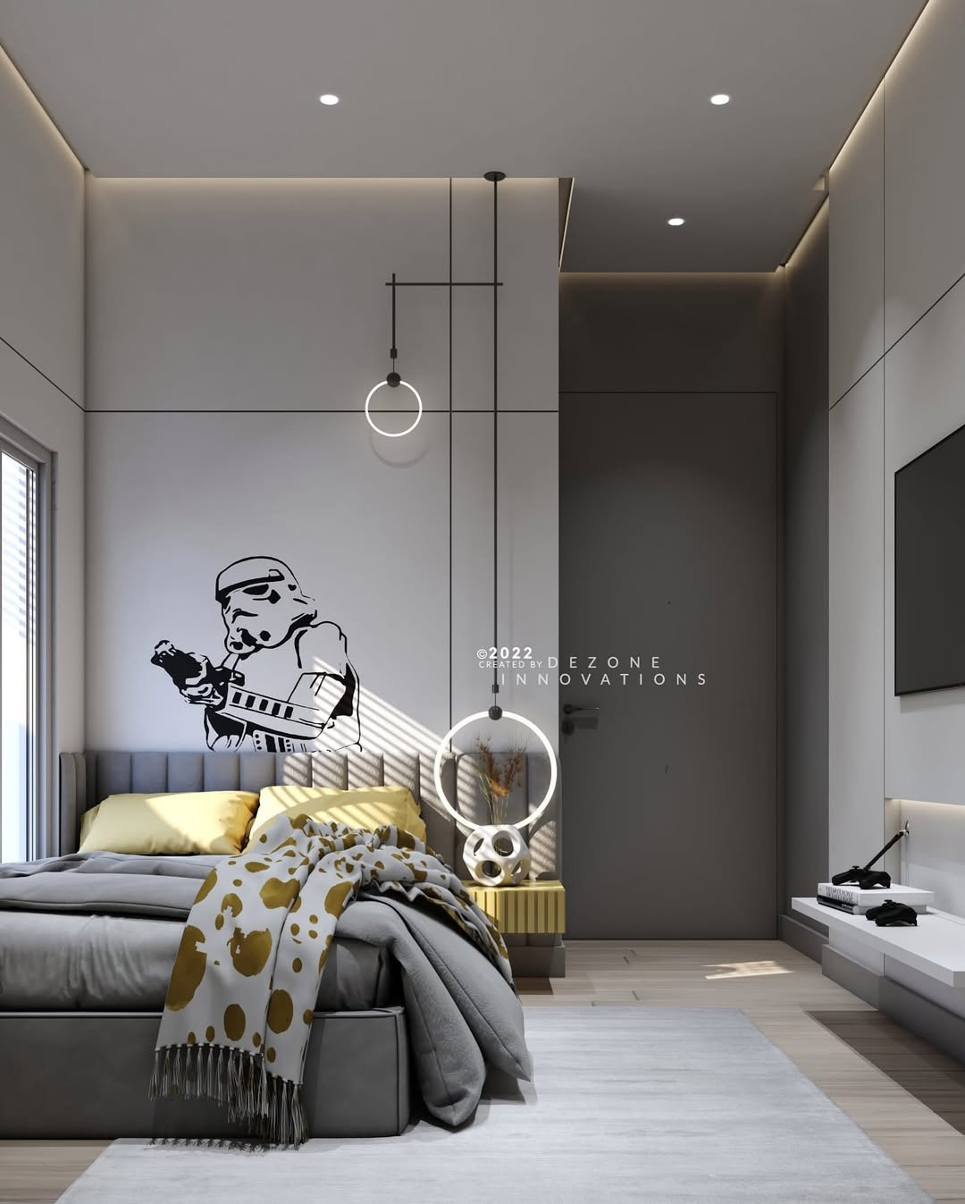 Modern boys bedroom ideas come alive with a Star Wars stormtrooper wall decal, sleek grey and yellow decor, a large bed for restful sleep, clever storage solutions, TV, and minimalist lighting fixtures.
