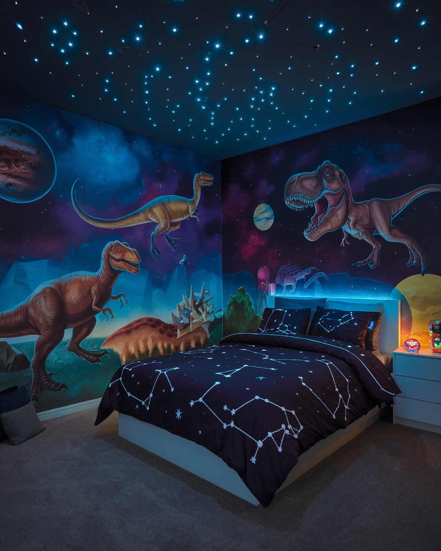 A dinosaur bedroom comes to life with a starry ceiling and a vibrant dinosaur mural on the walls, complemented by constellation-themed bedding that enhances the space-themed atmosphere.