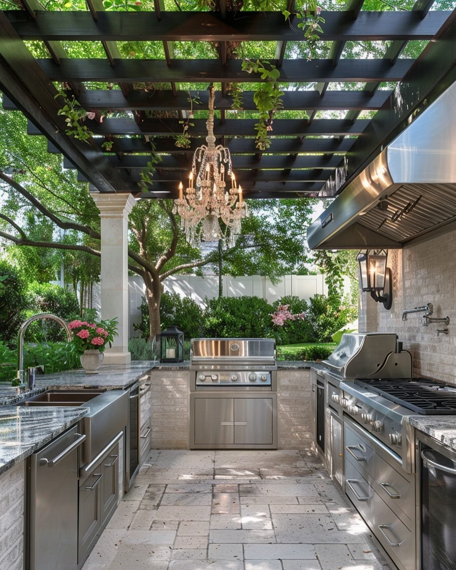 Rustic outdoor kitchen with stainless steel appliances, marble countertops, a chandelier, and a pergola overhead, surrounded by greenery and flowers for an inviting ambiance.