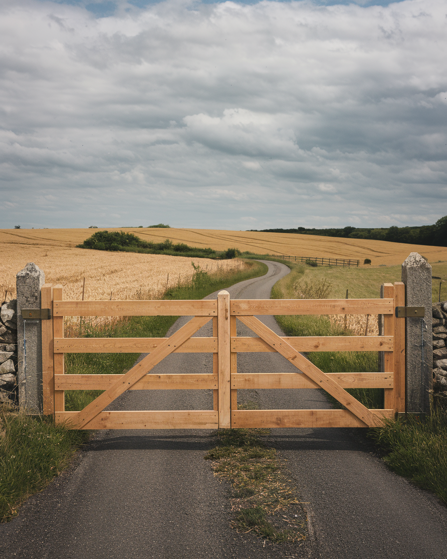 A farmhouse gate blocks a narrow road leading through golden fields under a cloudy sky.