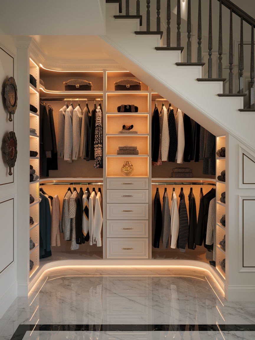 A walk-in closet under the stairs showcases neatly arranged clothes, shoes, and accessories. Warm, recessed lighting accentuates this ingenious home storage solution, with marble flooring and decorative wall clocks adding a touch of elegance.