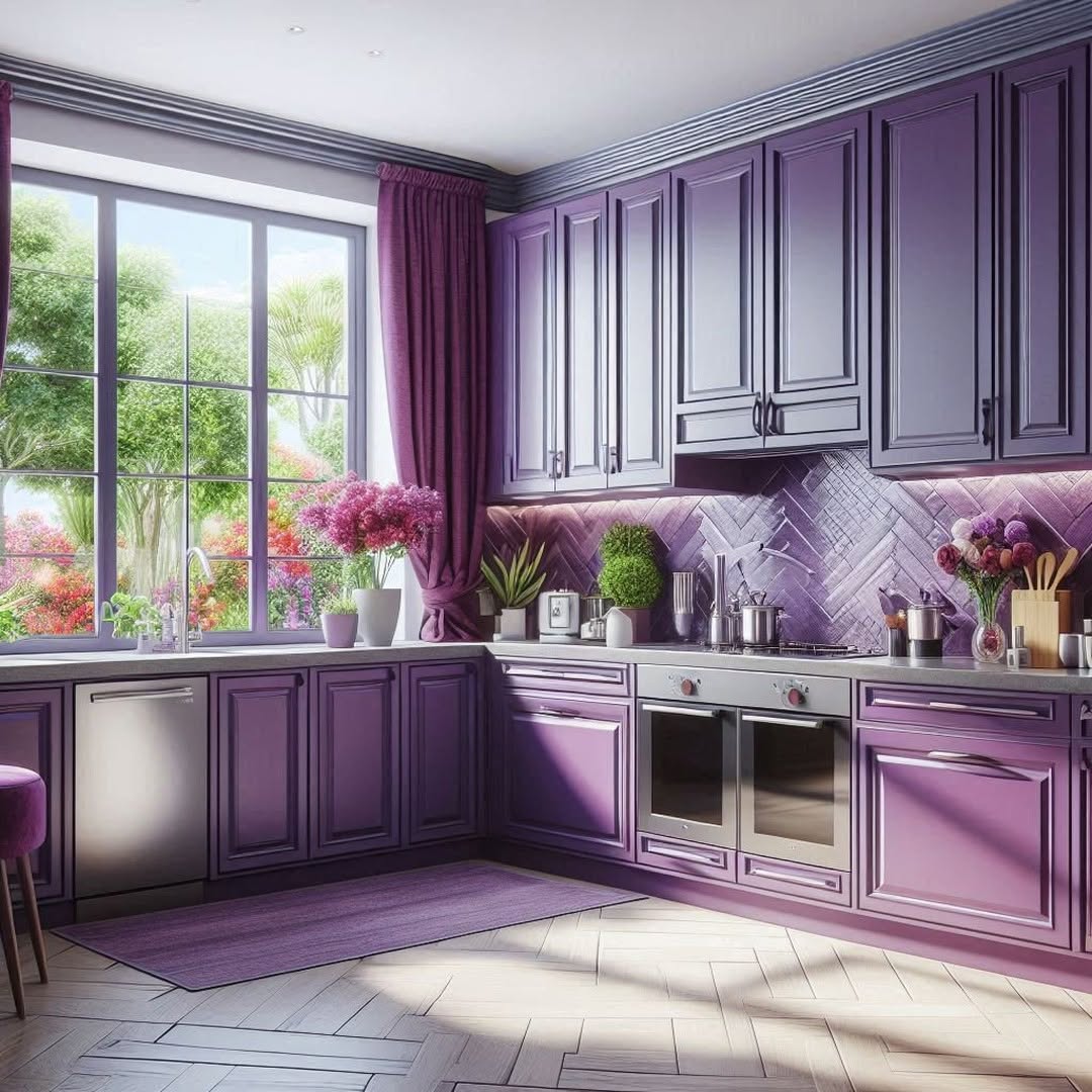 A purple kitchen featuring striking cabinets, a herringbone backsplash, and a large window showcasing lush greenery. Adorned with potted plants and essential kitchen utensils, this space merges style with nature seamlessly.