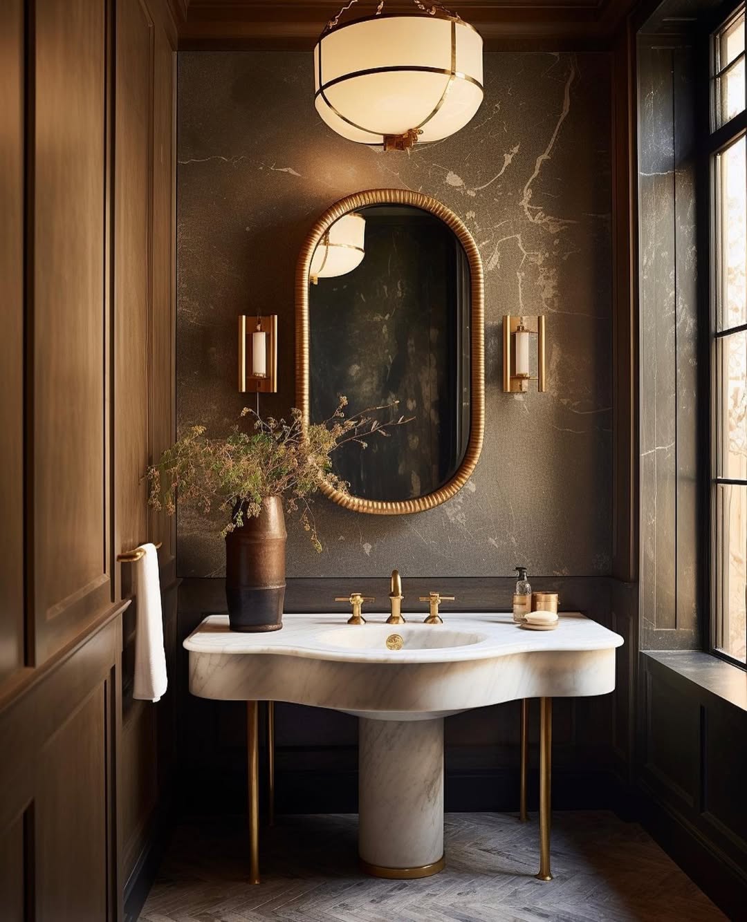 A stylish powder room with a marble sink, gold fixtures, an oval mirror with gold frame, wall sconces, a potted plant, and dark wood-paneled walls—perfect for those seeking wow-factor decor and chic powder room ideas.
