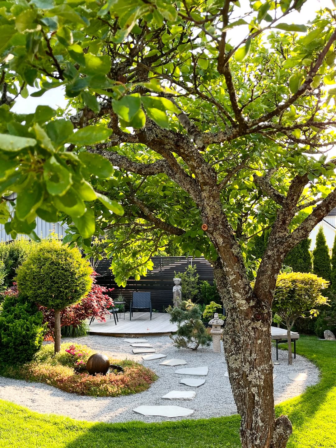 A landscaped Japanese garden with a tree in the foreground, stone pathway, gravel, trimmed bushes, and a seating area in the background under bright sunlight, perfect for those seeking Japanese garden ideas and inspiration for elegant garden design.