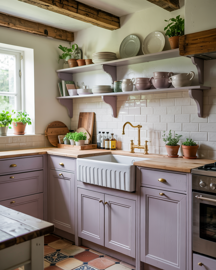 A quaint kitchen with purple cabinets, a white farmhouse sink, wooden countertops, open shelves filled with dishes and potted plants, and a window flooding the space with natural light.