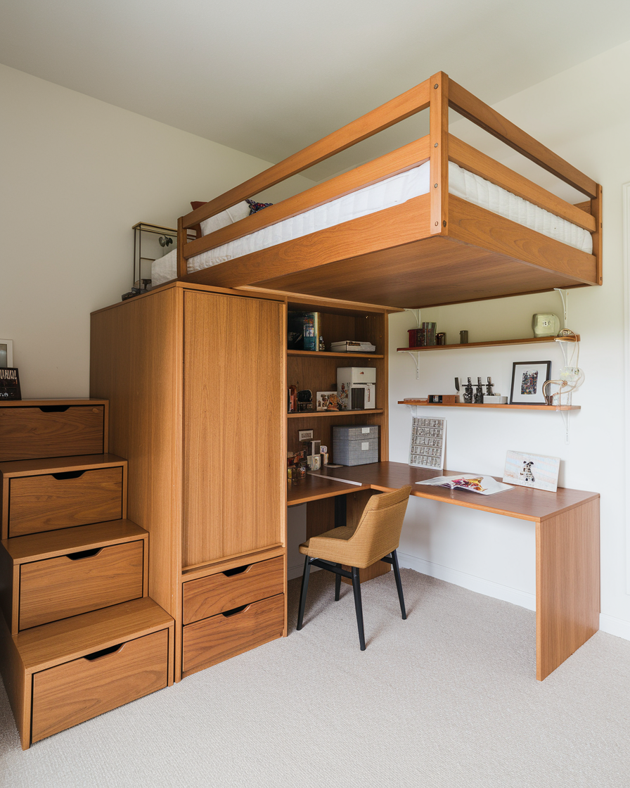 A wooden loft bed for small room with stairs sits above a built-in desk and shelves, next to another desk with a chair in a neatly organized bedroom workspace.