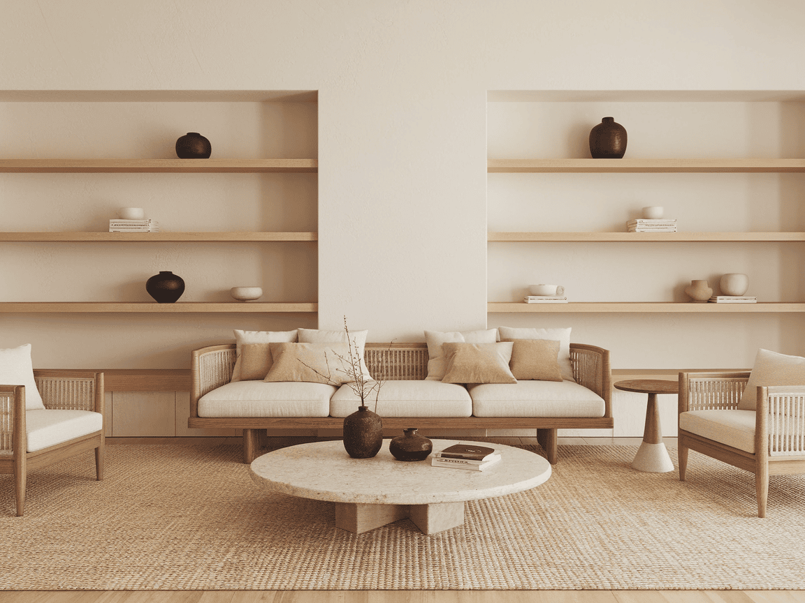 A boho living room with beige walls, wooden shelves, and neutral furniture embodies minimalist charm. It features a round coffee table, decorative vases, and cushions for a cozy feel infused with boho style inspiration.
