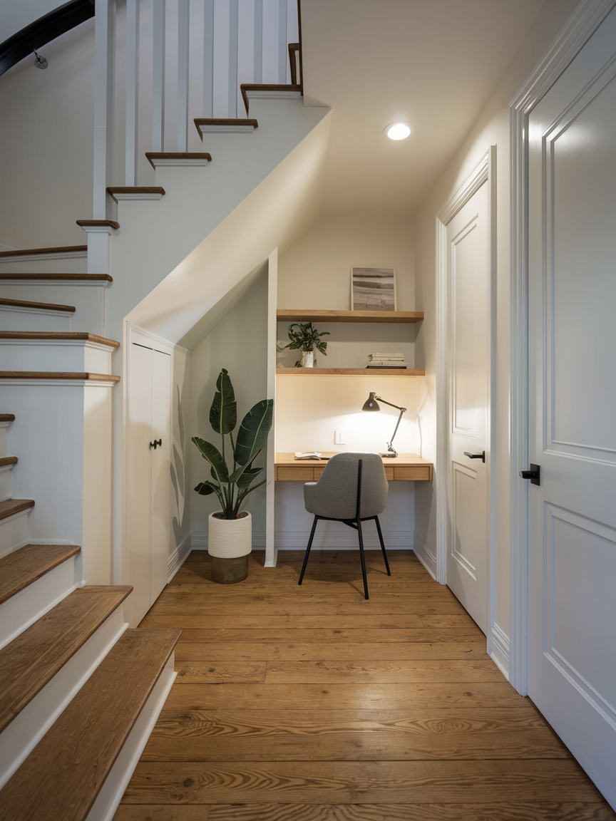 A small workspace under the stairs features a wooden desk with a lamp, chair, potted plant, and decorative items—perfect for those seeking creative stairs closet ideas.