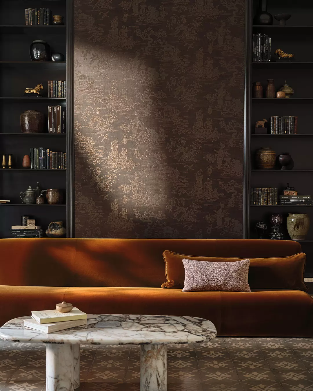 Dark Toile Library Wall
