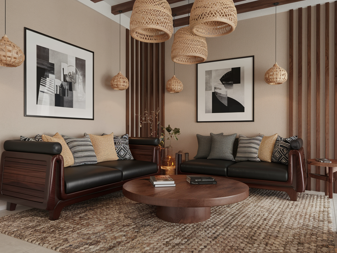 A stylish boho living room features two black sofas, patterned cushions, a round wooden coffee table, abstract wall art, woven pendant lights, and a textured rug. The warm, neutral color palette adds an inviting charm to the space.