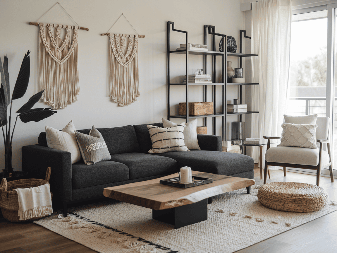 A modern boho living room features a dark sofa, wooden coffee table, and woven decor. An armchair sits nearby, while sunlight streams through sheer curtains onto a shelf lined with books and decor items.