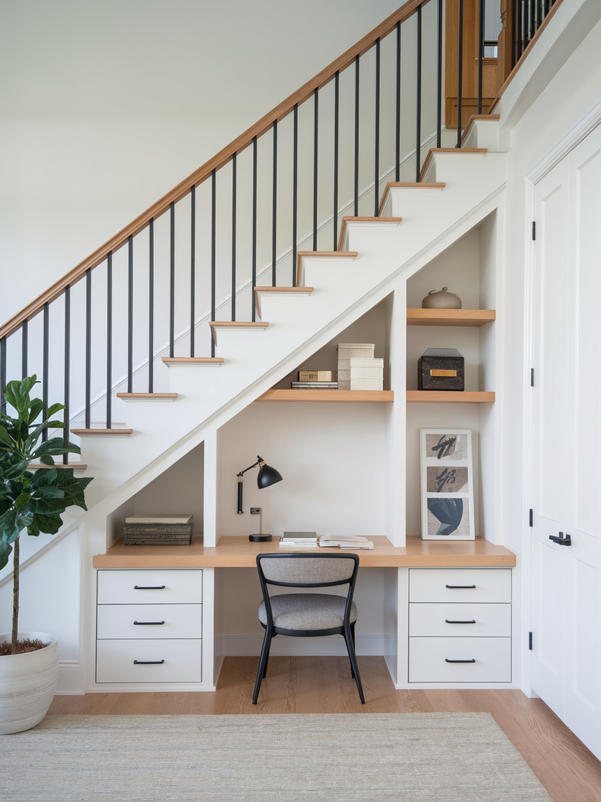 A study nook under a staircase features a desk, chair, books, and a lamp with decorative items on shelves. Clever storage solutions make use of the space efficiently, with a potted plant adding a touch of nature nearby.