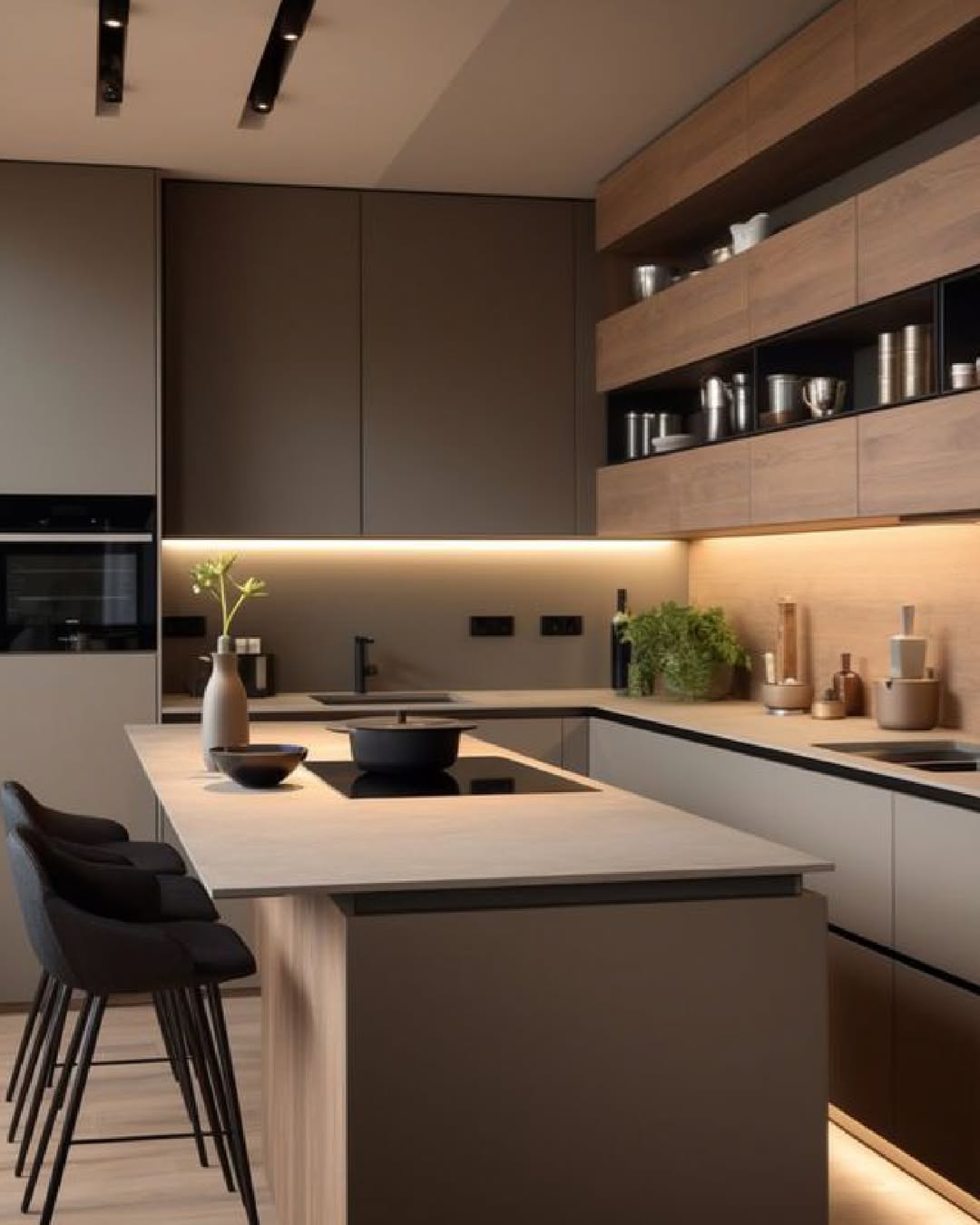 Modern Kitchen Ideas come to life with a central island, bar stools, built-in cabinets, under-cabinet lighting, and minimalist decor in neutral tones.