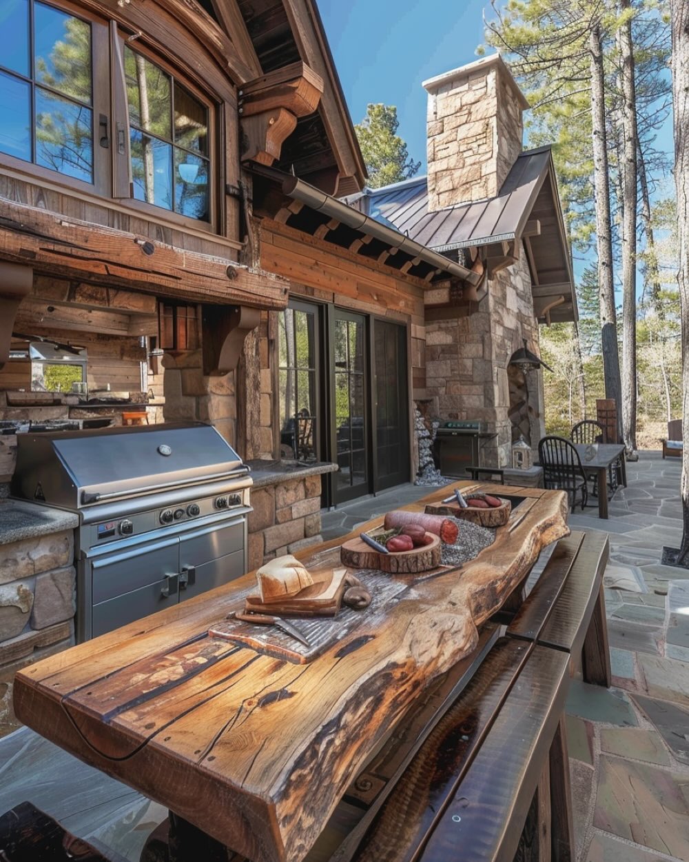 Outdoor kitchen with a rustic stone and wood design, featuring a grill, wooden table with charcuterie, and patio seating surrounded by trees—perfect inspiration for those seeking rustic outdoor kitchen ideas.