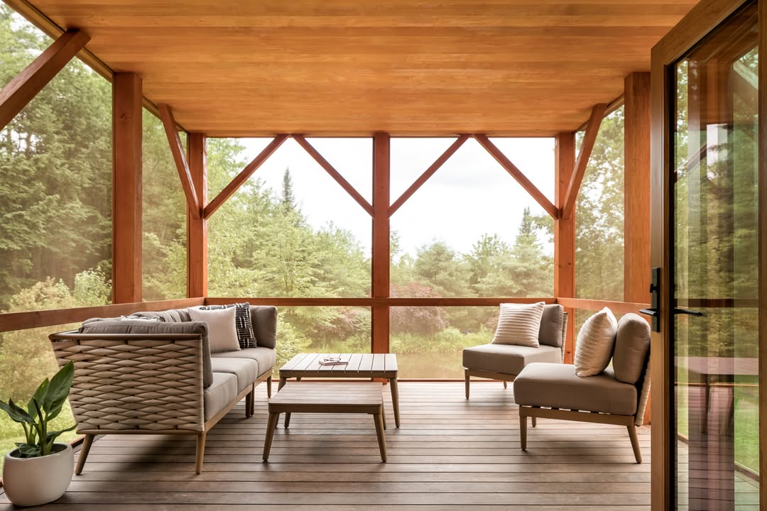 A covered wooden 3 season porch with a sofa, two chairs, a coffee table, and a potted plant overlooks a green, forested landscape—perfect for those seeking inviting 3 season porch ideas.