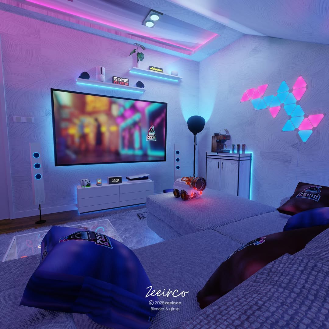 Experience a cutting-edge 2025 Gaming Room Setup featuring a large wall-mounted screen, LED lighting, geometric wall panels, gaming chairs, and themed decor in blue and pink hues.