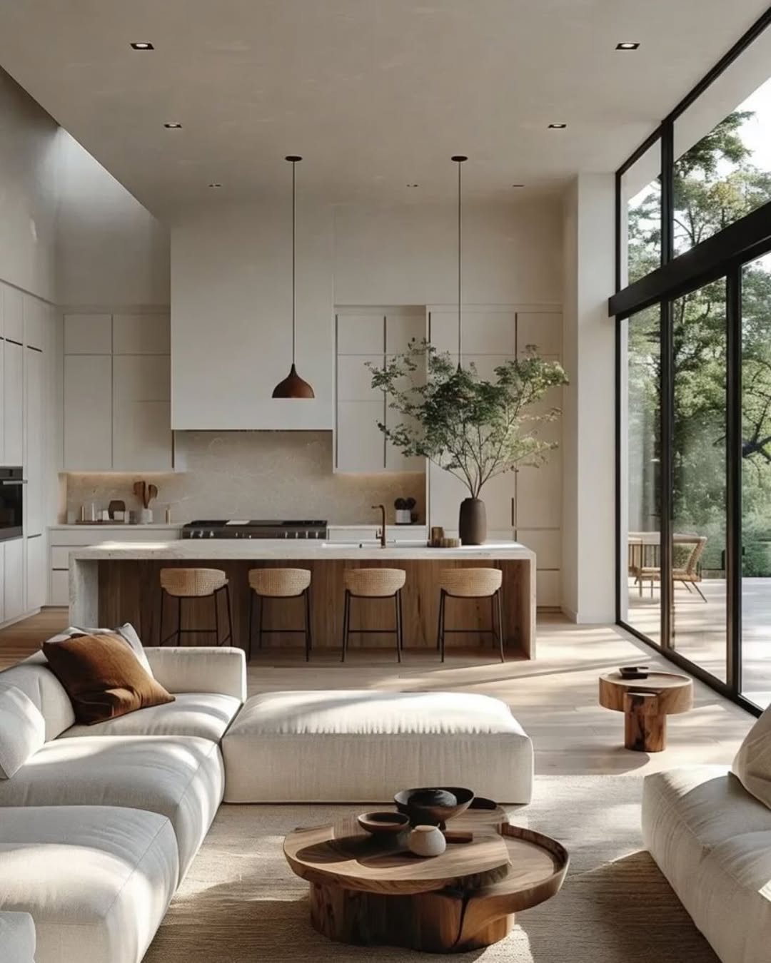 Open-plan living room and kitchen with neutral tones, wood accents, large windows, and minimalist furniture, featuring a modern kitchen island with stools and a view of greenery—perfect for those seeking open kitchen ideas.