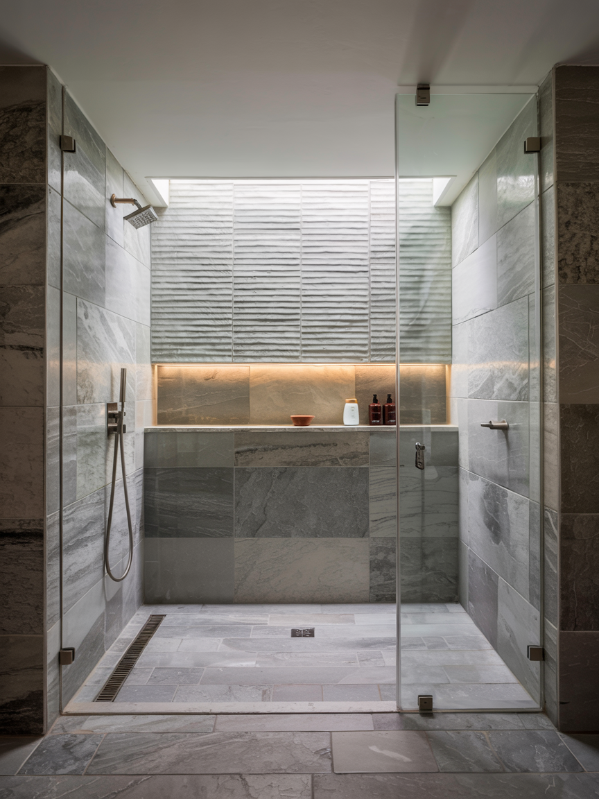 Modern walk-in shower with glass doors, large gray tiles, wall niche for toiletries, rainfall showerhead, and a built-in bench under a window with textured blinds—perfect inspiration for small bathrooms seeking walk-in shower ideas.
