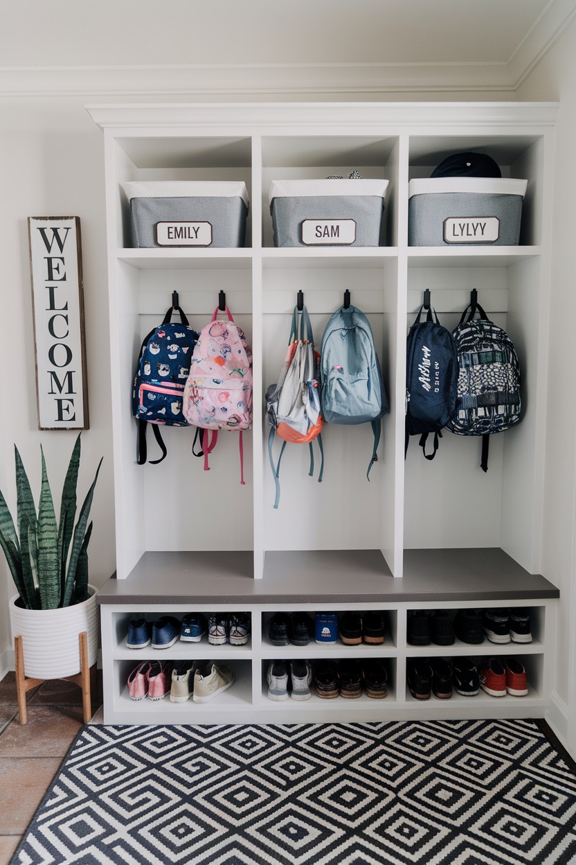 A white cubby storage unit holds labeled bins, backpacks, and shoes—offering genius mudroom organization. A